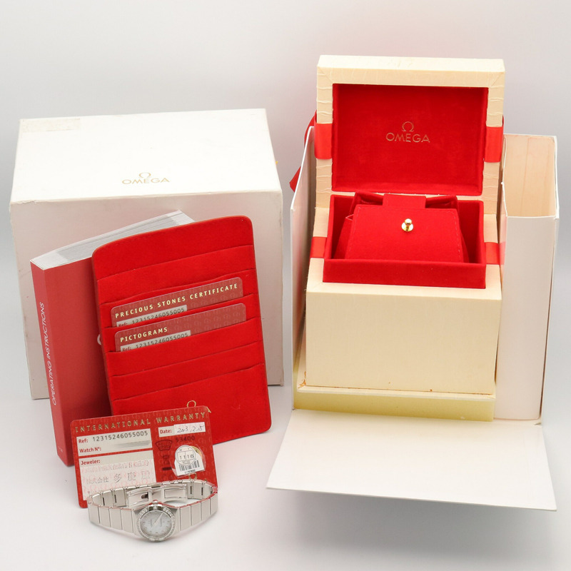 歐米茄星座系列鑲鑽錶圈12鑽女錶，不鏽鋼錶殼，白色錶盤，珍珠母貝錶帶，型號123.15.24.60.55.005-9