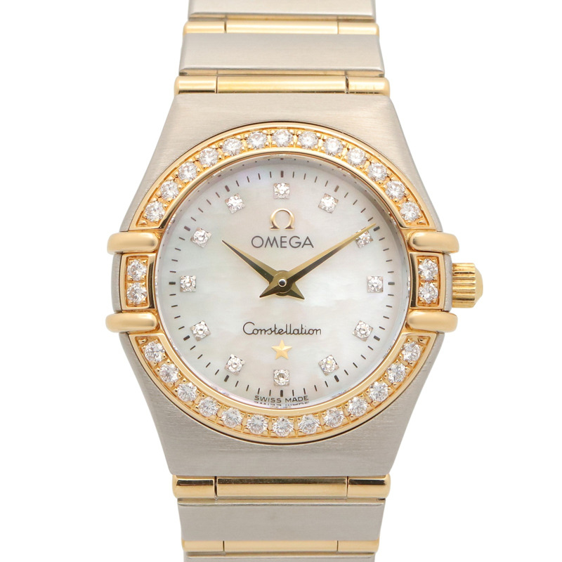 歐米茄星座系列迷你鑲鑽錶圈12P腕錶，18K（黃金）精鋼錶殼，女士白色珍珠貝母錶盤，型號1267.75-0
