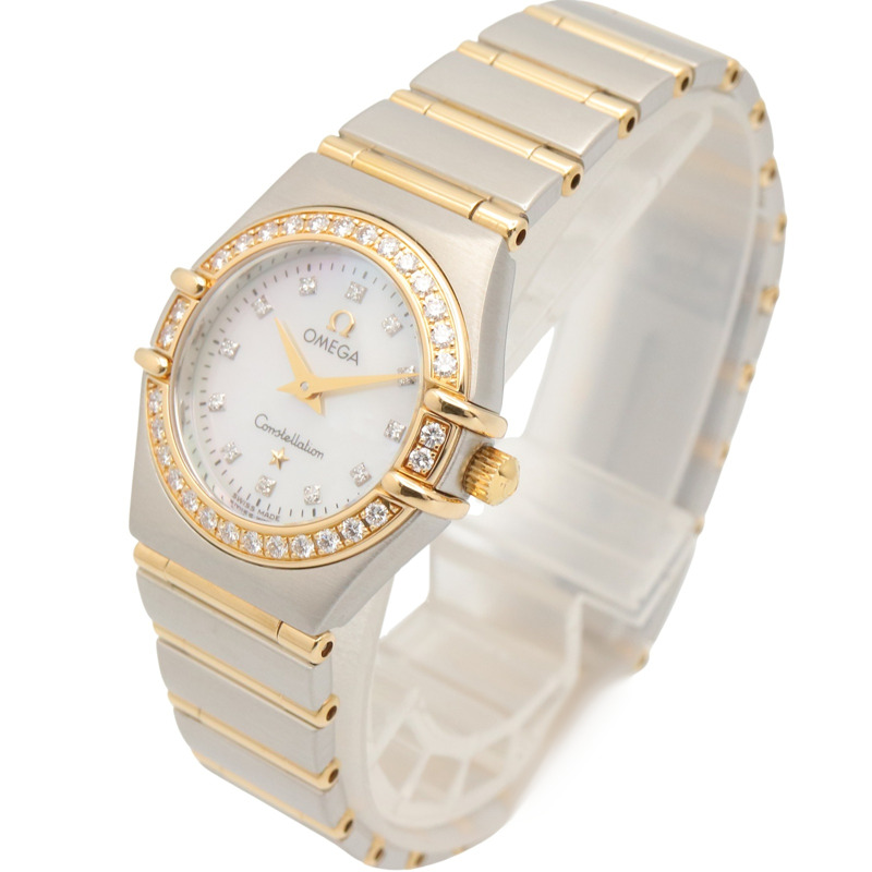 歐米茄星座系列迷你鑲鑽錶圈12P腕錶，18K（黃金）精鋼錶殼，女士白色珍珠貝母錶盤，型號1267.75-1