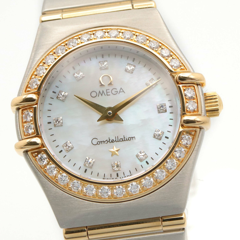 歐米茄星座系列迷你鑲鑽錶圈12P腕錶，18K（黃金）精鋼錶殼，女士白色珍珠貝母錶盤，型號1267.75-2