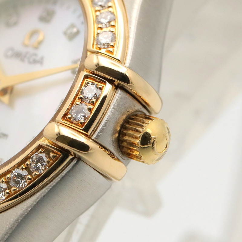 歐米茄星座系列迷你鑲鑽錶圈12P腕錶，18K（黃金）精鋼錶殼，女士白色珍珠貝母錶盤，型號1267.75-5