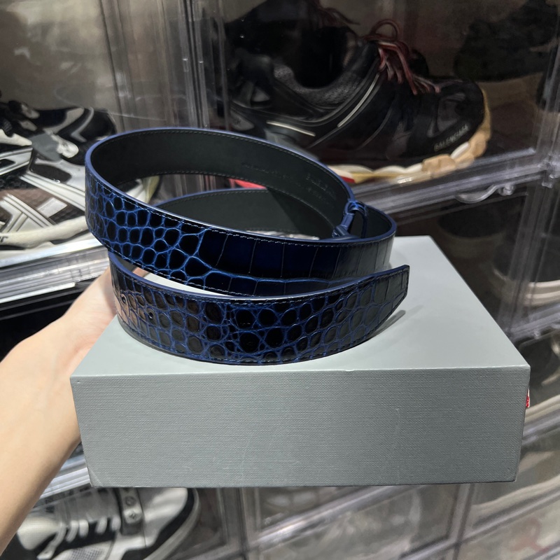 巴黎世家 鱷魚紋 金屬logo皮帶95cm-3