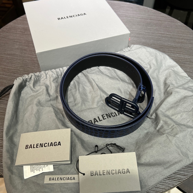 巴黎世家 鱷魚紋 金屬logo皮帶95cm-4