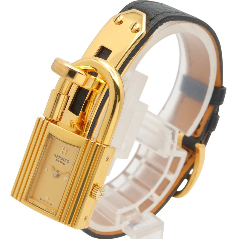 愛馬仕凱莉腕錶，鍍金（GP），皮革錶帶，女士香檳色，KE1.201-1