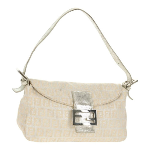 FENDI Zucchino 帆布 Mamma Baguette 肩背包 銀色 正品 ep12129V