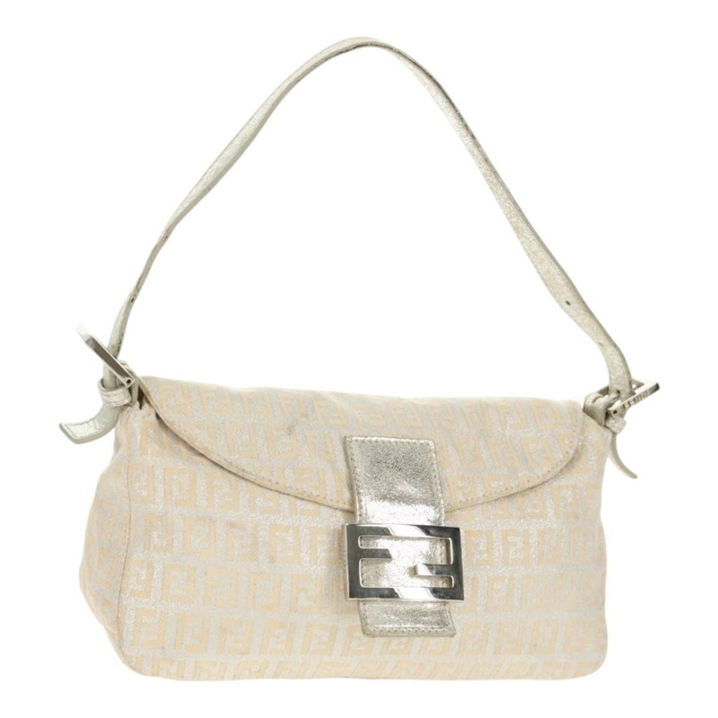 【日本直送】FENDI Zucchino 帆布 Mamma Baguette 肩背包 銀色 正品 ep12129V-0