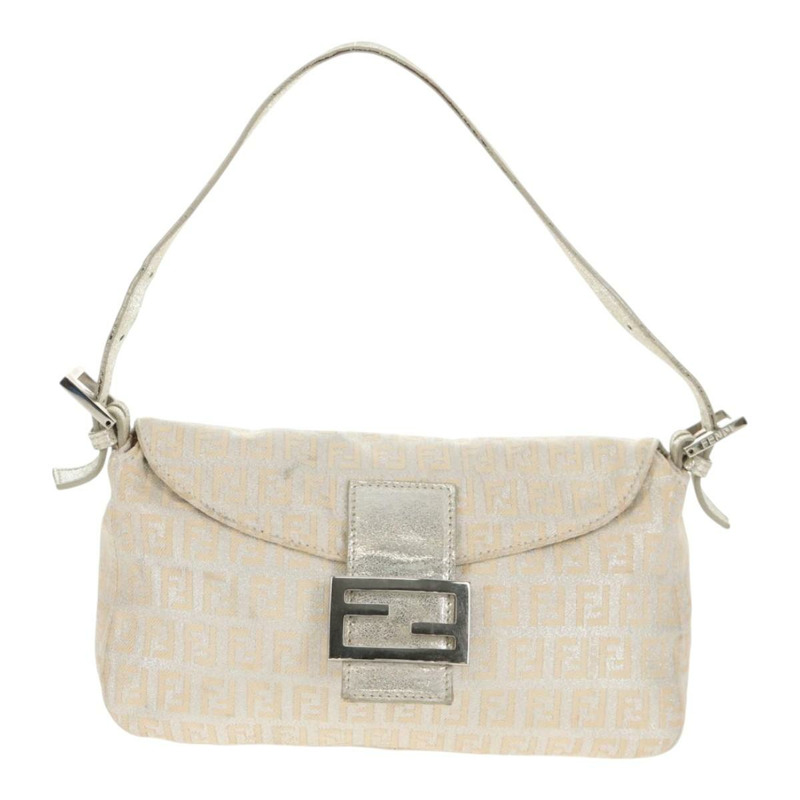 【日本直送】FENDI Zucchino 帆布 Mamma Baguette 肩背包 銀色 正品 ep12129V-12