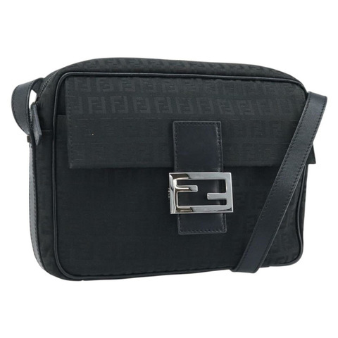 FENDI Zucchino帆布單肩包 黑色 銀色 Auth mr2153V