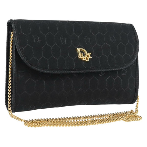 Christian Dior 蜂巢帆布鏈條單肩包 黑色 金色 正品 am10951V