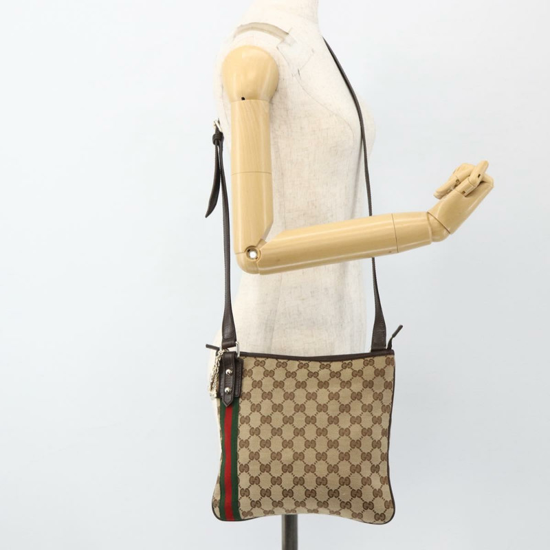 【日本直送】GUCCI GG帆布織帶雪莉線單肩包 米色/金色 144388 正品 BSZ299V-23