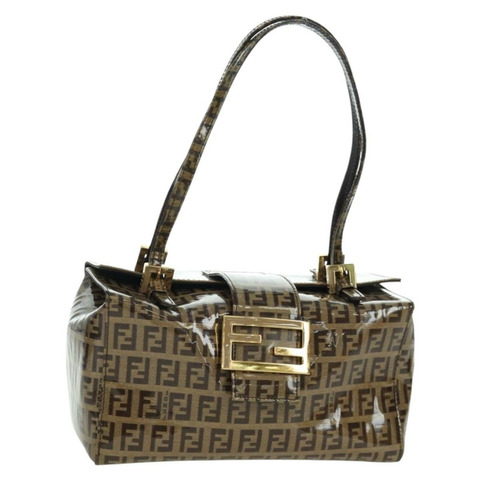 FENDI Zucchino帆布Mamma Baguette單肩包 棕色金色 正品 LNZ993A
