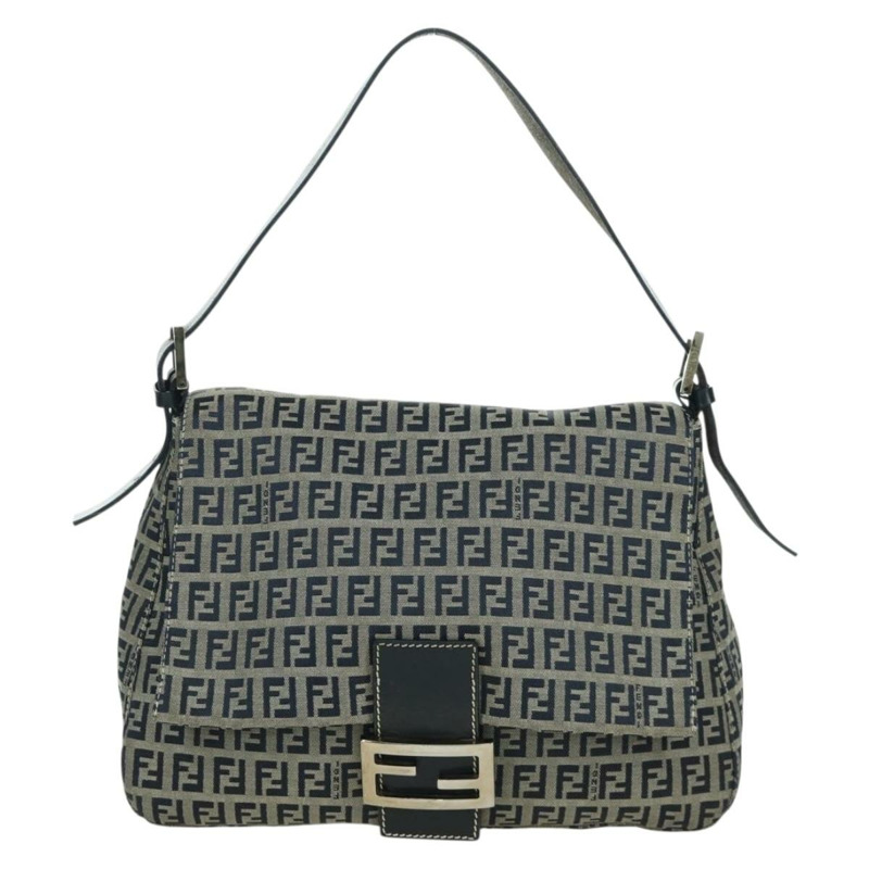 【日本直送】FENDI Zucchino 帆布 Mamma Baguette 單肩包 海軍藍 銀色 正品 YKZ796SAV-12