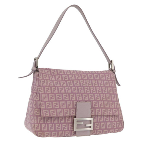 FENDI Zucchino 帆布 Mamma Baguette 單肩包 粉紅色 銀色 正品 ka3366V