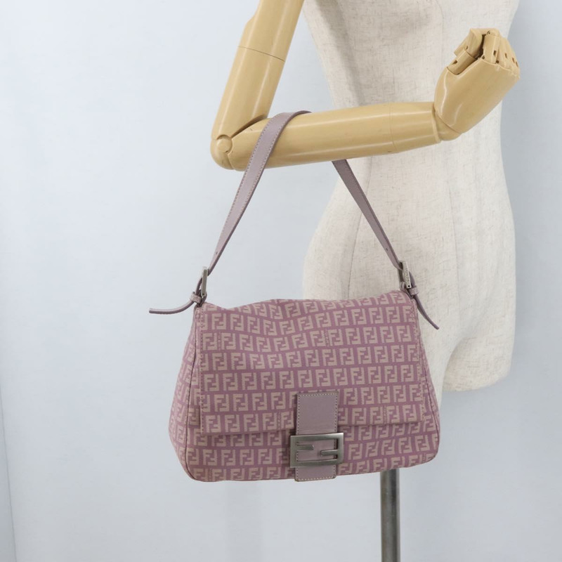 【日本直送】FENDI Zucchino 帆布 Mamma Baguette 單肩包 粉紅色 銀色 正品 ka3366V-25