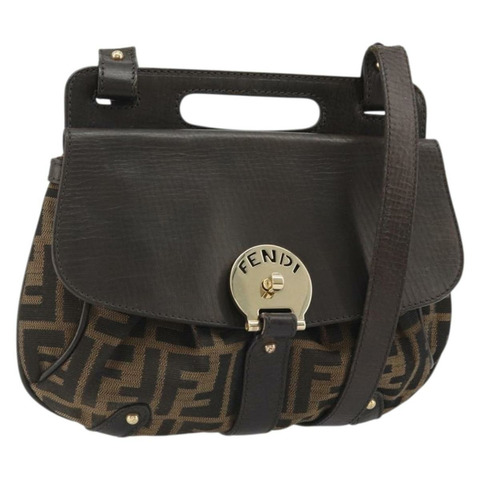 FENDI Zucca帆布手提包 2way Black Brown Gold Auth BAZ788A