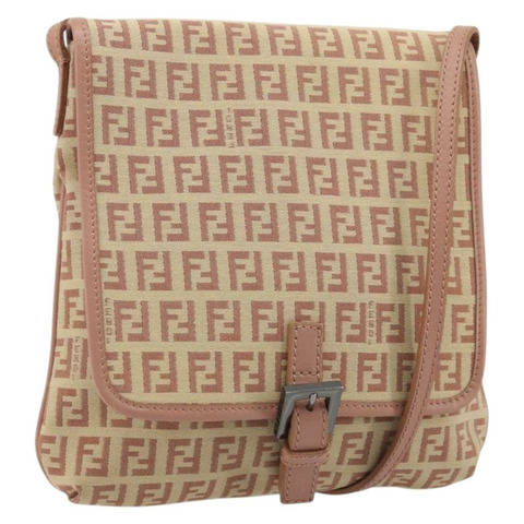 FENDI Zucchino帆布Mamma Baguette單肩包 粉紅銀色 正品 175474A