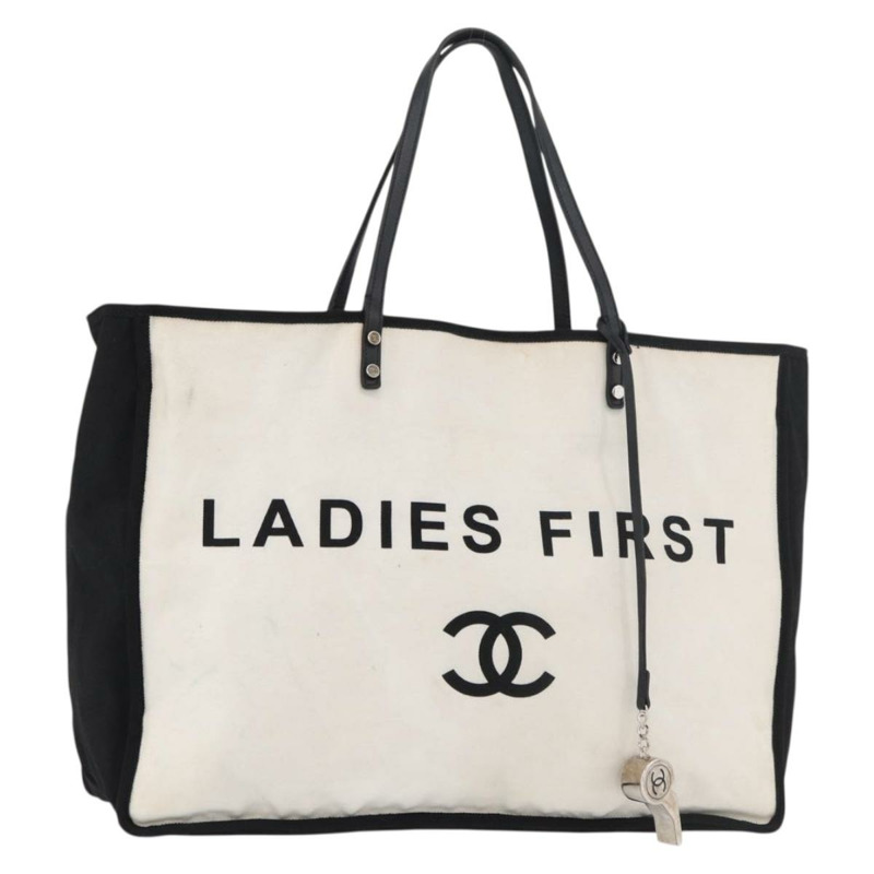 【日本直送】香奈兒女士First帆布手提包 白色 銀色 CC 認證 YKZ1356A-0