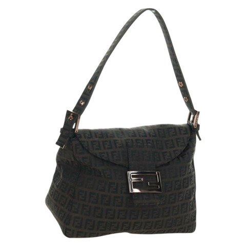FENDI Zucchino帆布Mamma Baguette包，深棕色/銀色，正品 am11202V