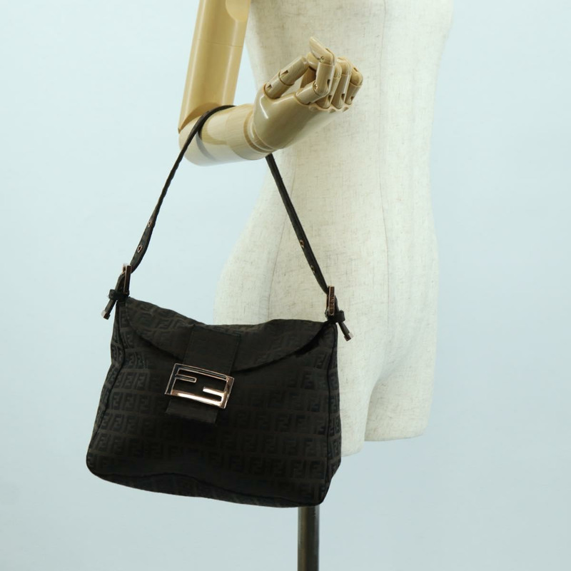 【日本直送】FENDI Zucchino帆布Mamma Baguette包，深棕色/銀色，正品 am11202V-26
