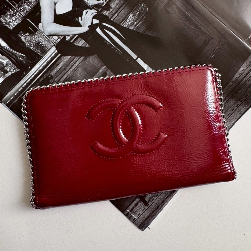 💥復古必買款❤️‍🔥Chanel 紅色漆皮銀邊長夾-0