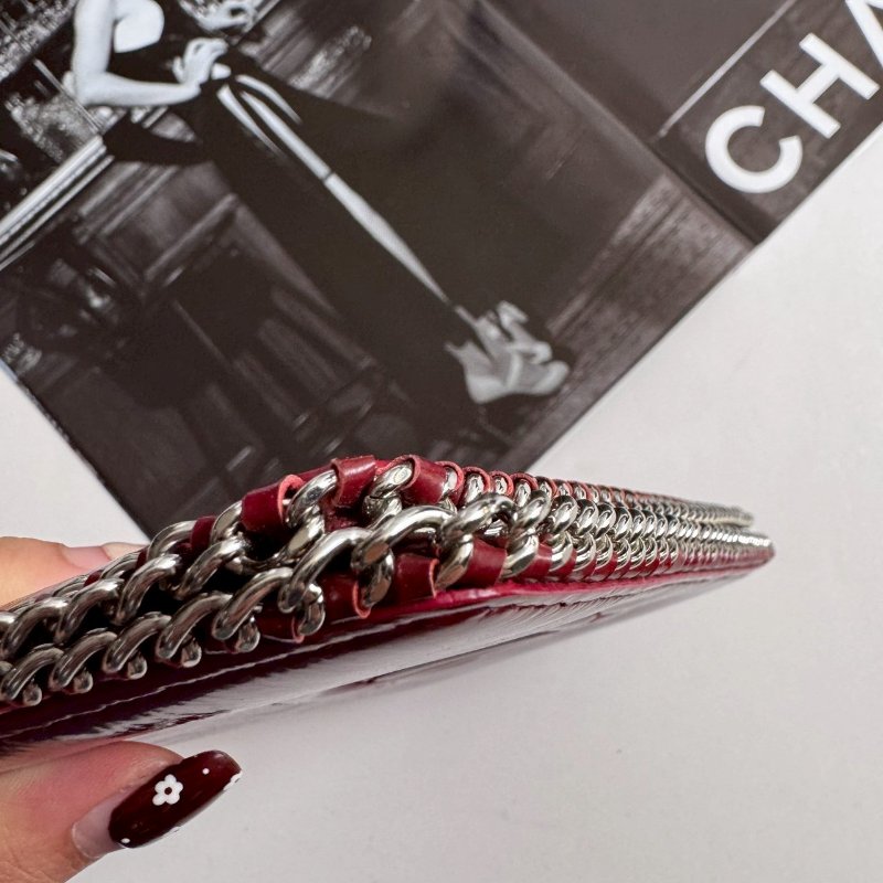 💥復古必買款❤️‍🔥Chanel 紅色漆皮銀邊長夾-3