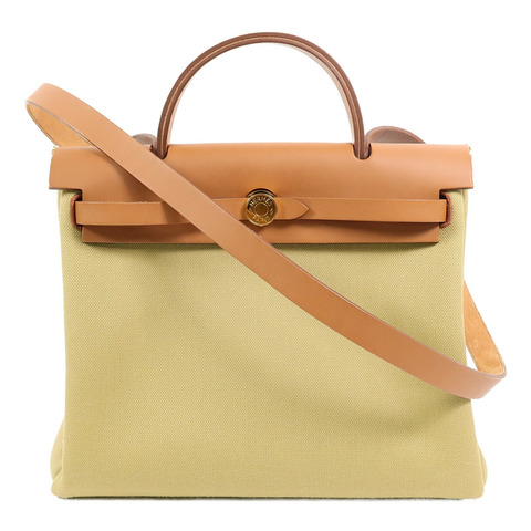 HERMES 帆布Herbag PM肩背袋Poussiere/Fauve