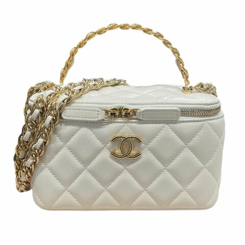 CHANEL 香奈兒 VANITY CASE 長型化妝鍊帶包 羊皮 白色 金釦