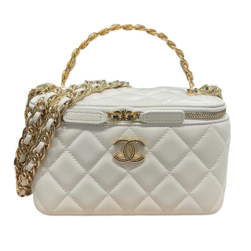 CHANEL 香奈兒 VANITY CASE 長型化妝鍊帶包 羊皮 白色 金釦-0