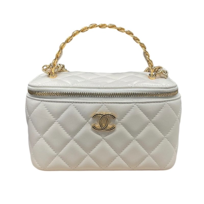 CHANEL 香奈兒 VANITY CASE 長型化妝鍊帶包 羊皮 白色 金釦-1