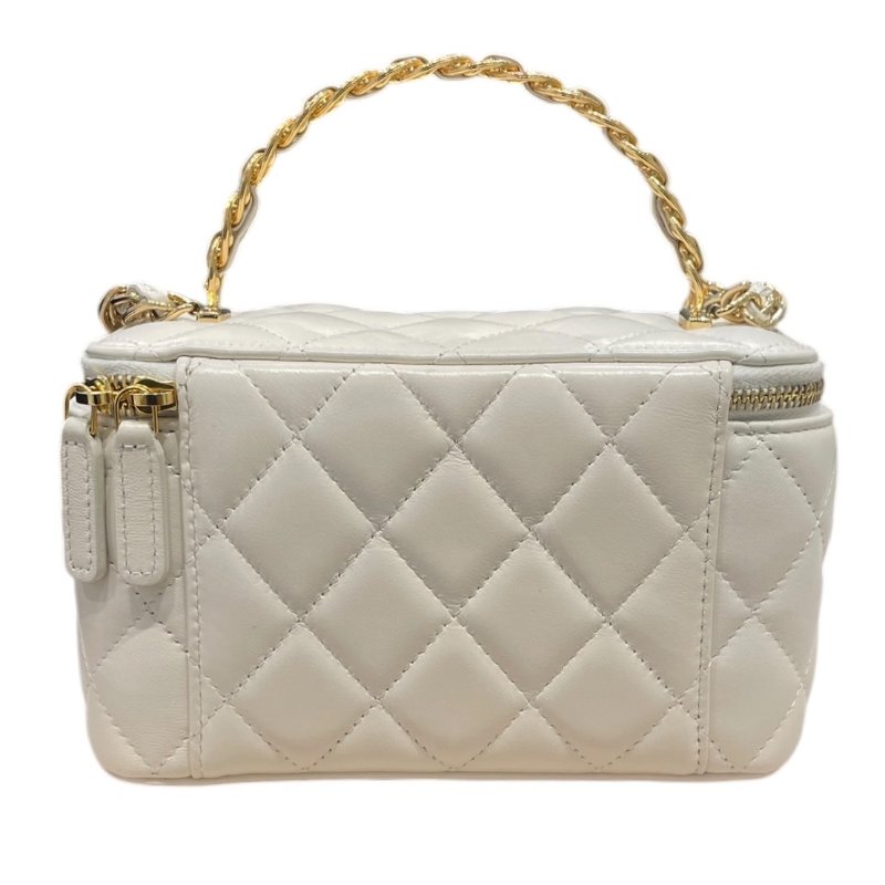 CHANEL 香奈兒 VANITY CASE 長型化妝鍊帶包 羊皮 白色 金釦-2