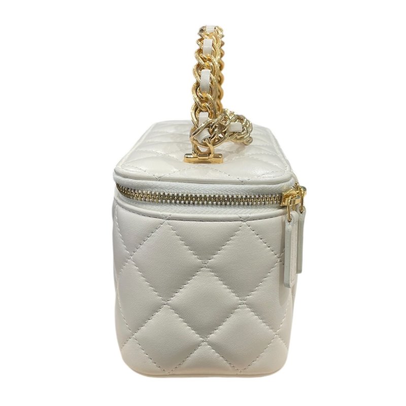 CHANEL 香奈兒 VANITY CASE 長型化妝鍊帶包 羊皮 白色 金釦-3
