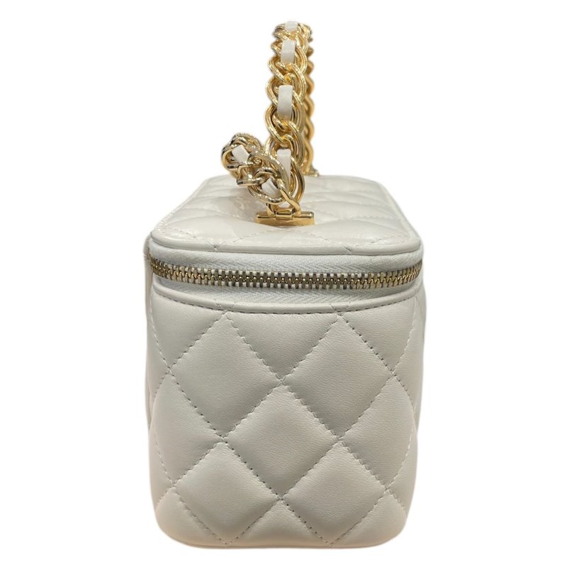 CHANEL 香奈兒 VANITY CASE 長型化妝鍊帶包 羊皮 白色 金釦-4