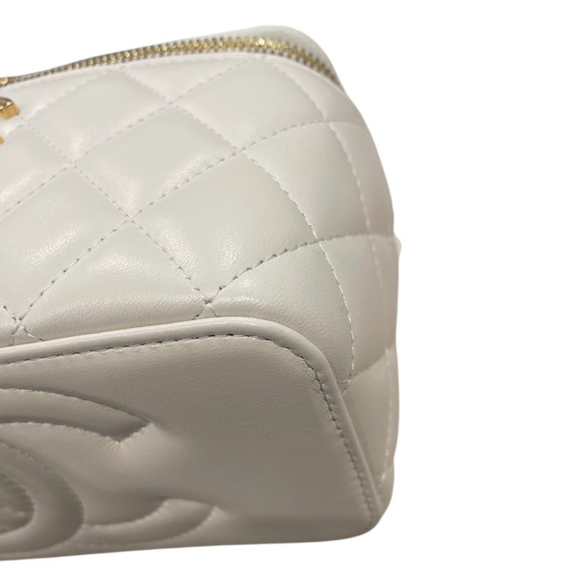 CHANEL 香奈兒 VANITY CASE 長型化妝鍊帶包 羊皮 白色 金釦-6