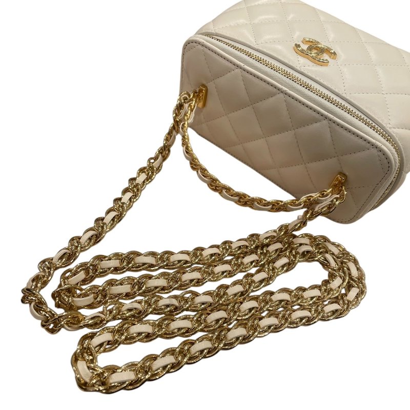CHANEL 香奈兒 VANITY CASE 長型化妝鍊帶包 羊皮 白色 金釦-9