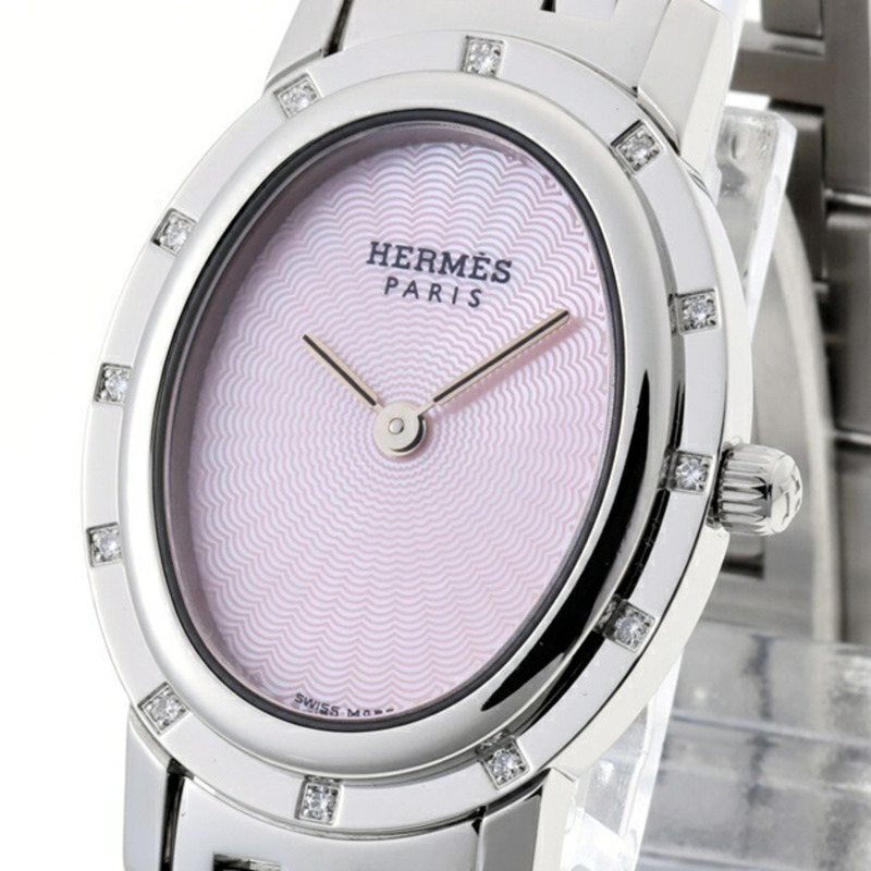 愛馬仕 Clipper 橢圓形珍珠母貝 CO1.230 12P 鑽石錶圈 粉紅貝殼石英-1