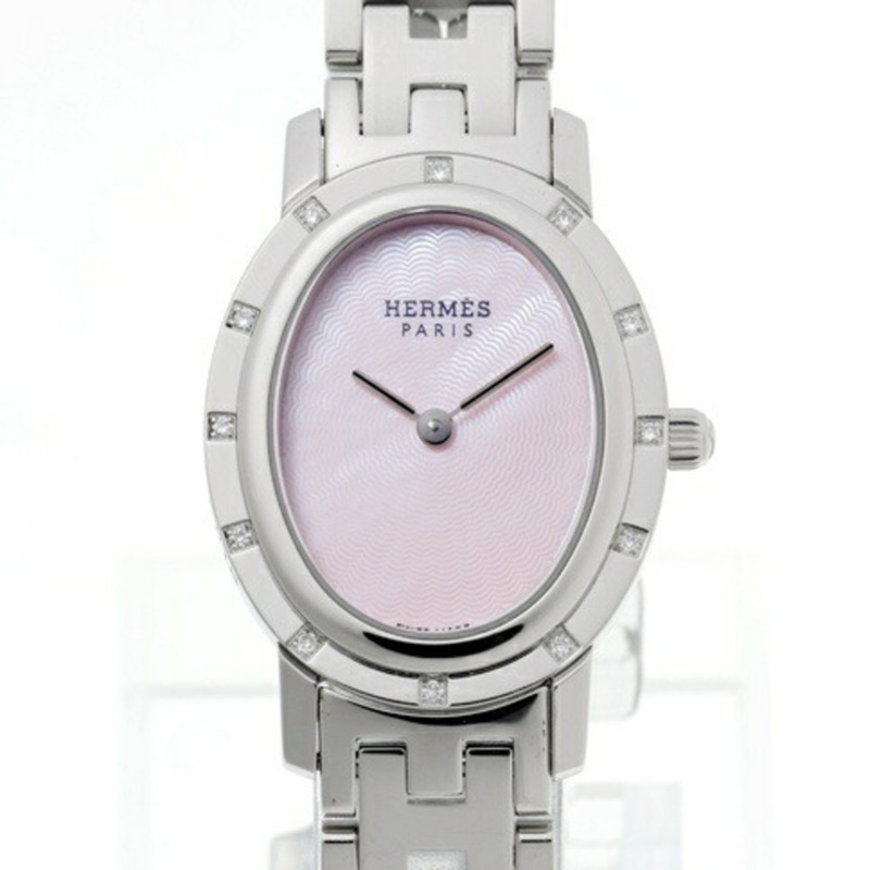 愛馬仕 Clipper 橢圓形珍珠母貝 CO1.230 12P 鑽石錶圈 粉紅貝殼石英-2