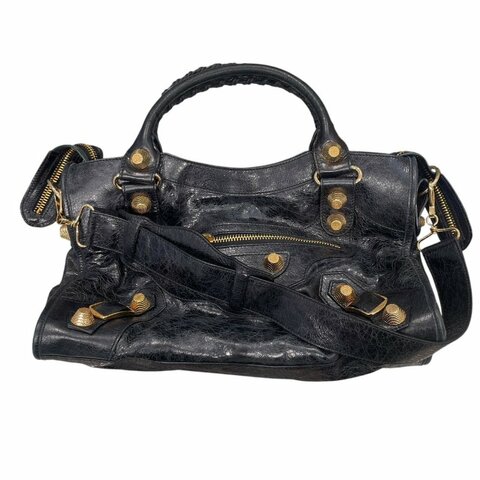 BALENCIAGA 巴黎世家 THE CITY 機車包 皮革 黑色 金釦