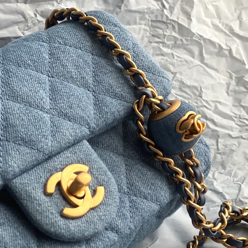 CHANEL香奈兒22C牛仔丹寜金球方胖子芯片款牛仔配色超美百搭-13