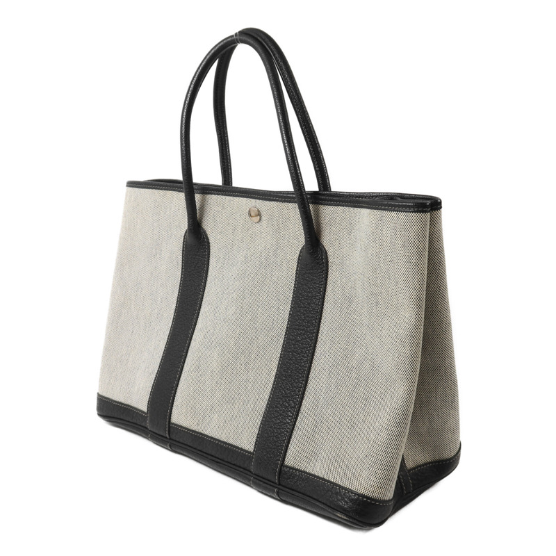 HERMES 帆布Garden Party PM手挽袋Noir/White-2