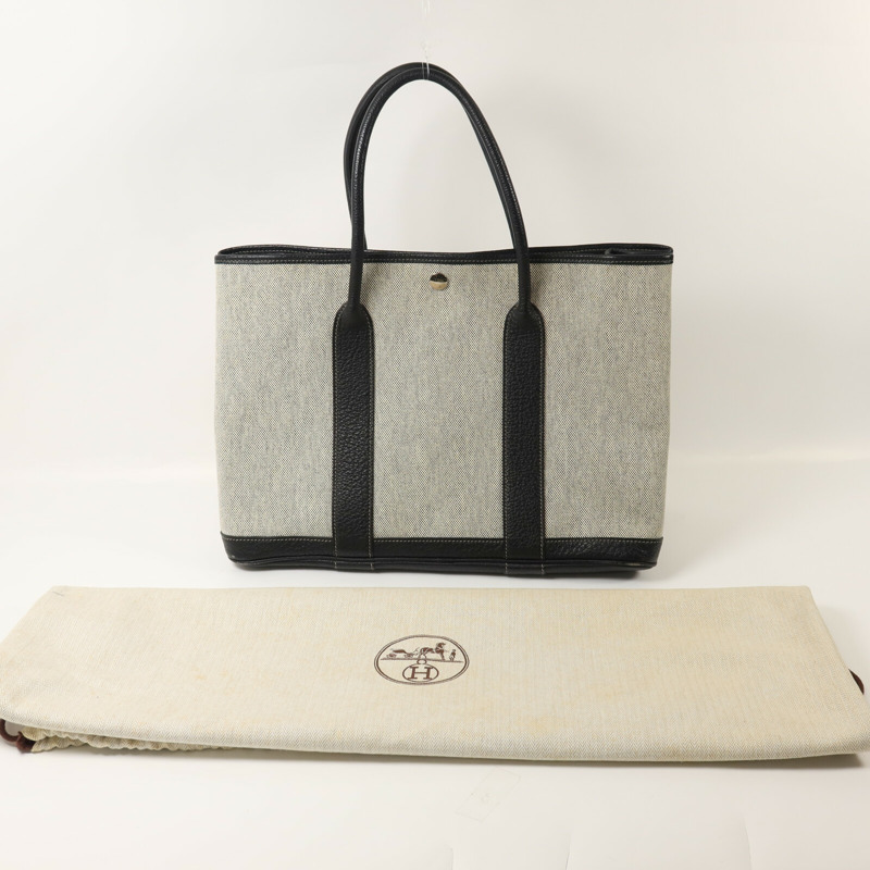 HERMES 帆布Garden Party PM手挽袋Noir/White-8