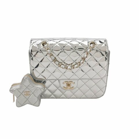 Chanel 羊皮純色菱格絎縫雙C釦子母包雙肩包