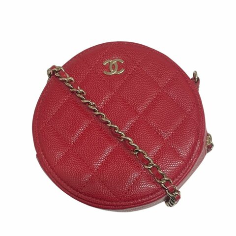 CHANEL 香奈兒 圓餅包 荔枝皮 紅色 金釦
