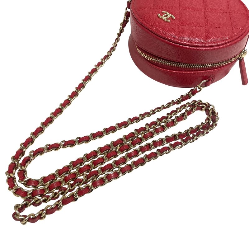 CHANEL 香奈兒 圓餅包 荔枝皮 紅色 金釦-10