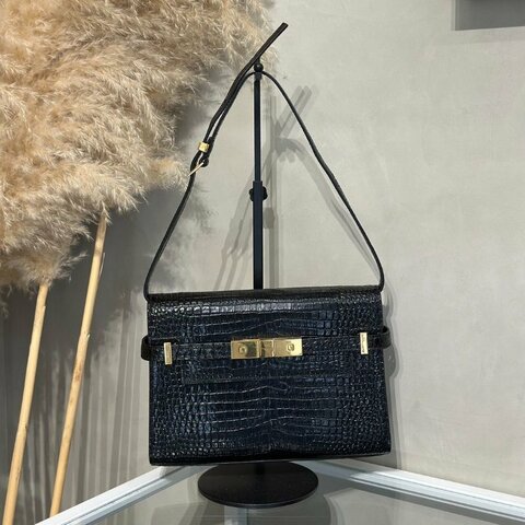 YSL 鱷魚壓紋曼哈頓 - 小號黑金