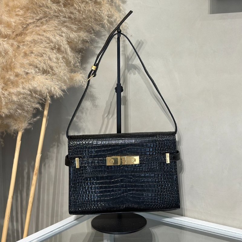 YSL 鱷魚壓紋曼哈頓 - 小號黑金-0