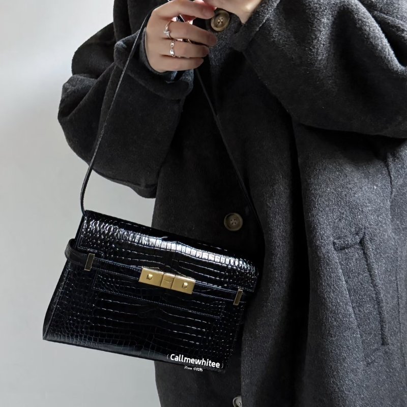 YSL 鱷魚壓紋曼哈頓 - 小號黑金-1