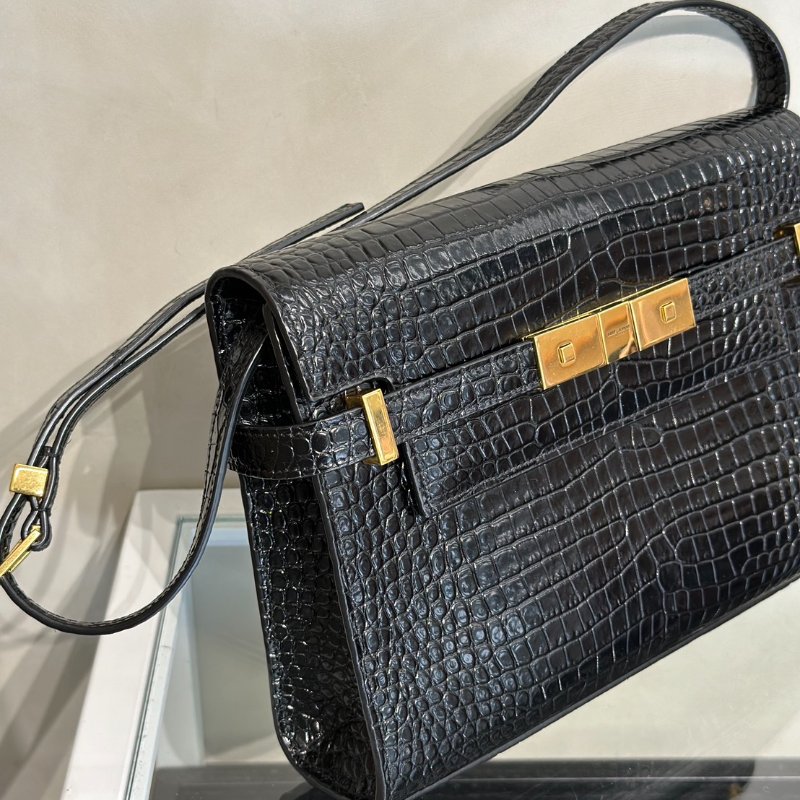 YSL 鱷魚壓紋曼哈頓 - 小號黑金-2