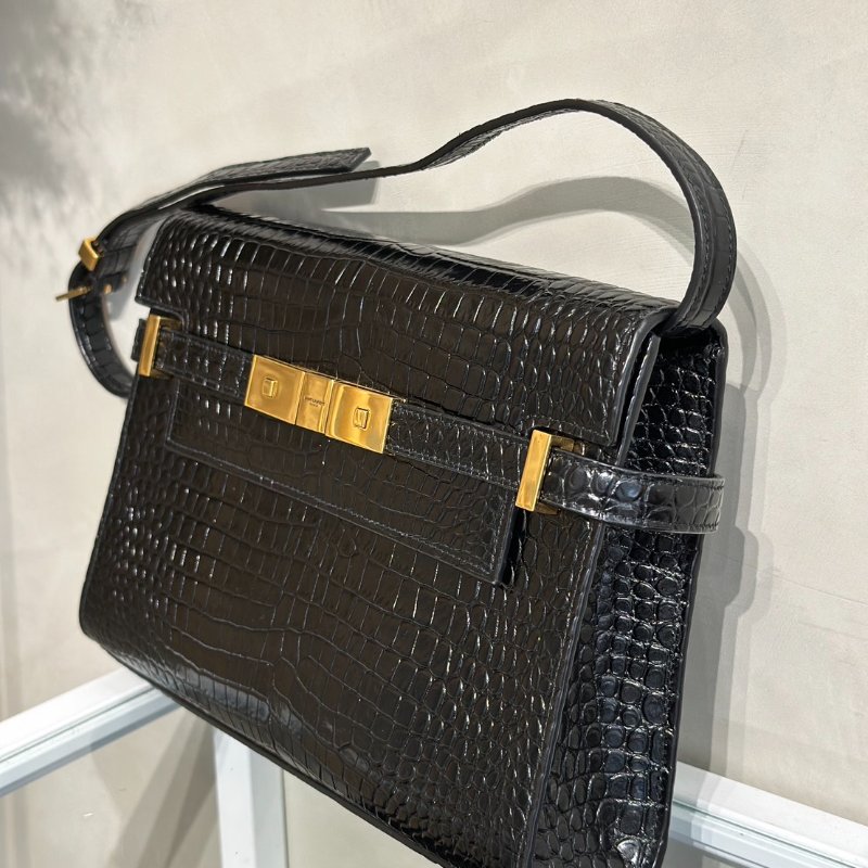 YSL 鱷魚壓紋曼哈頓 - 小號黑金-3