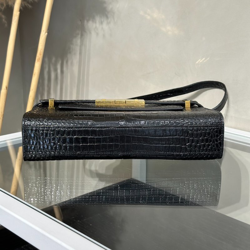 YSL 鱷魚壓紋曼哈頓 - 小號黑金-5