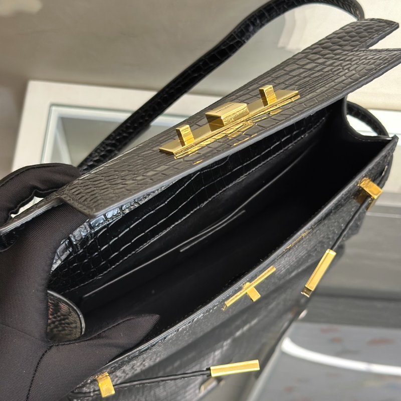 YSL 鱷魚壓紋曼哈頓 - 小號黑金-6